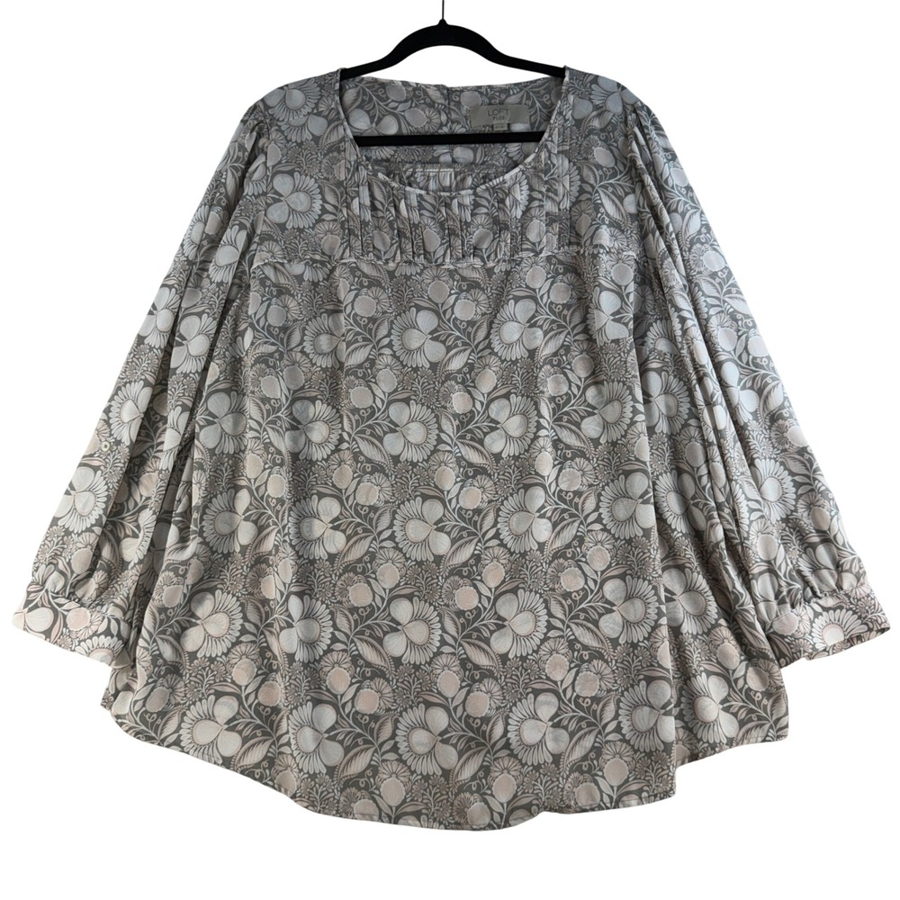 LOFT Plus 22 Blouse Peasant Floral Pleated Scoop Neck Long Sleeve Professional